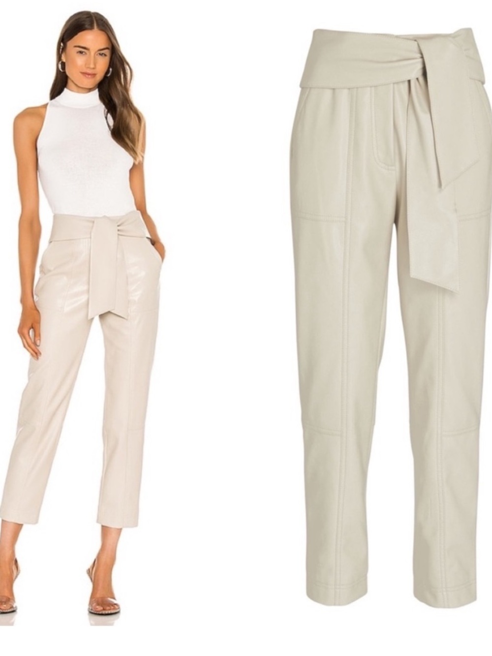 Jonathan Simkhai Cream Tie-Waist Vegan Leather Ankle Pants